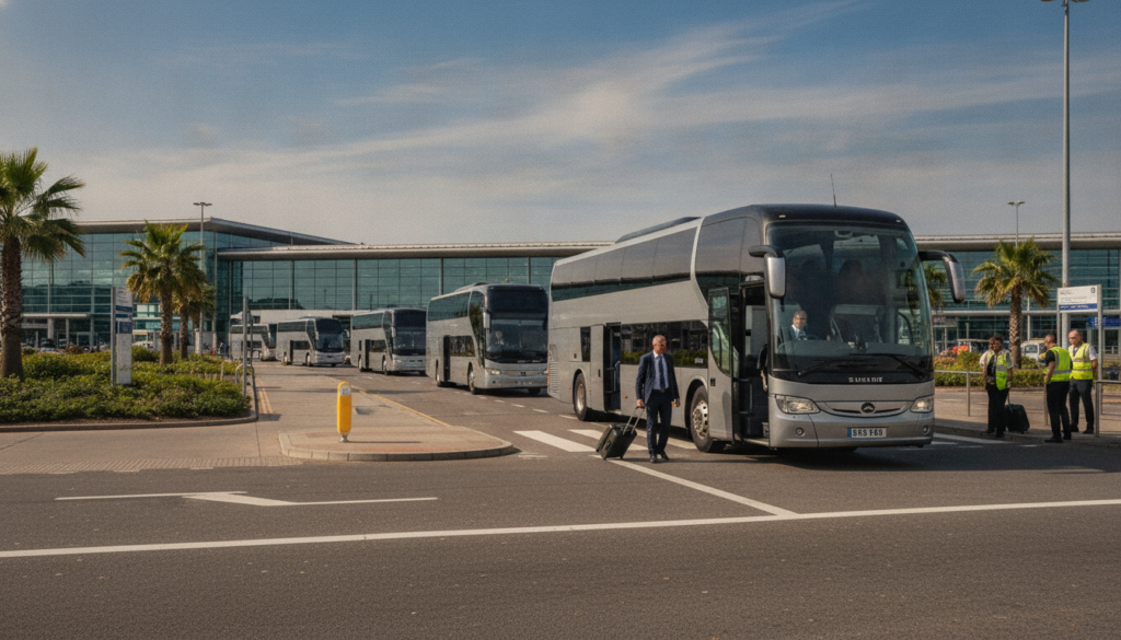 Event Logistics Simplified: Group Coach Hire for Manchester Conferences — executive coach meeting a group at Manchester Airport