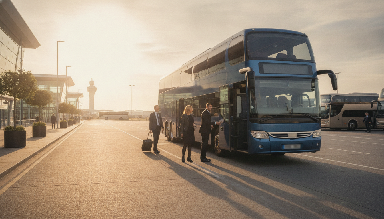 Seamless Corporate Travel: Manchester Airport Coach Transfers for Your Business — executive coach meeting a group at Manchester Airport