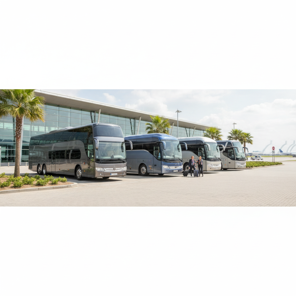 Our coach Fleet for Manchester Transfers — executive coach meeting a group at Manchester Airport