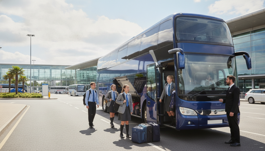 Educational Adventures: Reliable Airport Transfers for School Groups — executive coach meeting a group at Manchester Airport