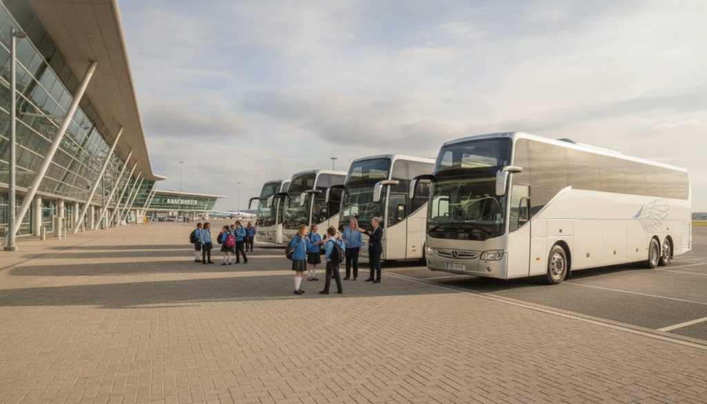 Safe Passage: Essential Coach Travel for School Trips to Manchester — executive coach meeting a group at Manchester Airport