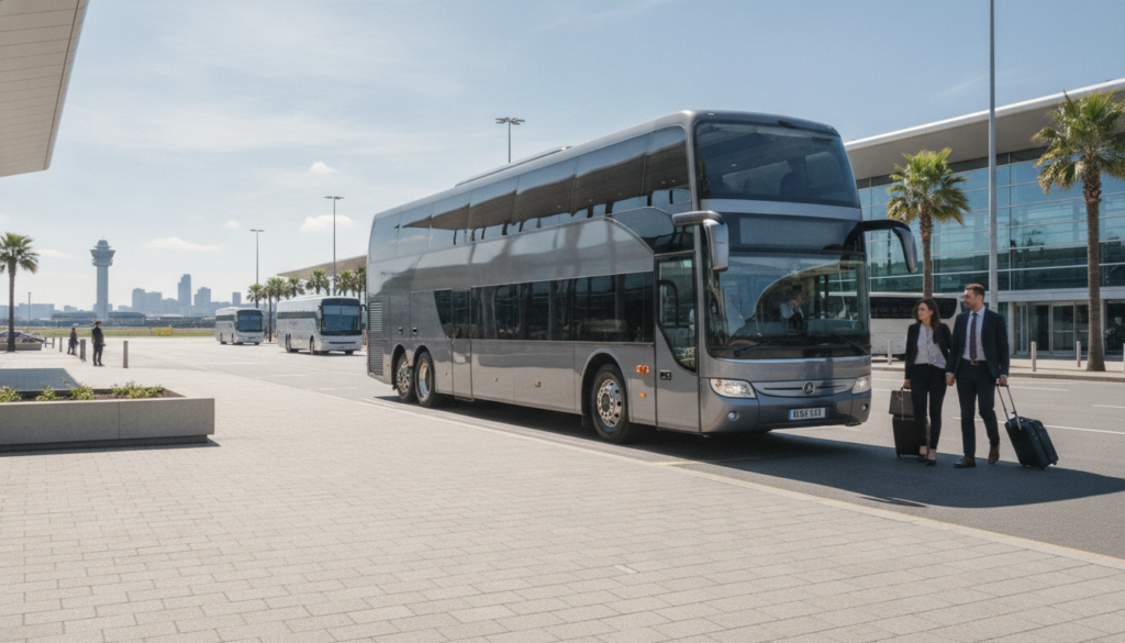 The Executive Choice: Why Premium Coaches Elevate Corporate Journeys — executive coach meeting a group at Manchester Airport