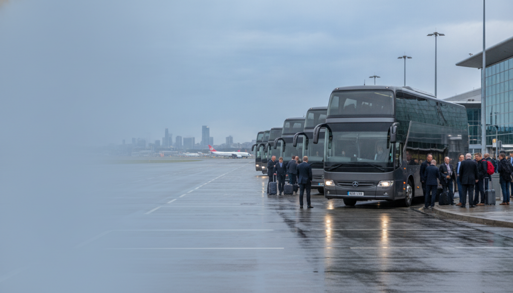 Discovering Manchester: Hassle-Free Group Airport Transfers to the City — executive coach meeting a group at Manchester Airport