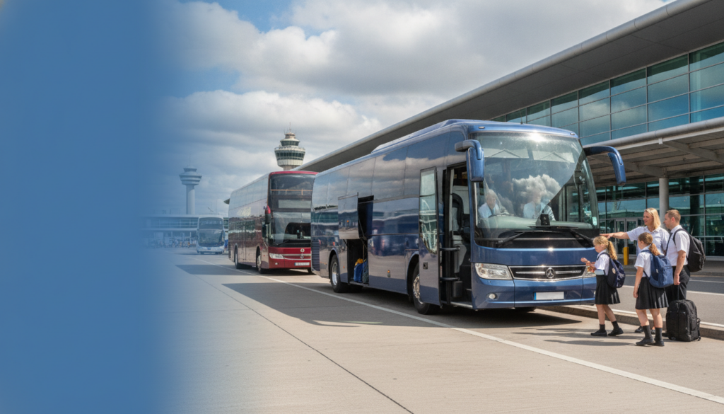 Peace of Mind on the Road: Coach Safety for School Trip Transfers — executive coach meeting a group at Manchester Airport
